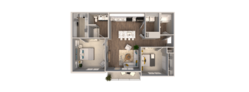 A 3D floor plan of a house with a kitchen, living room, and two bedrooms.