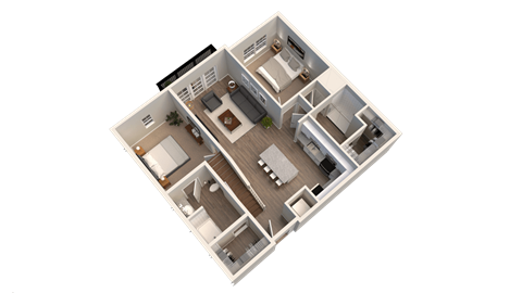 a 3d floor plan of a two bedroom apartment at Kendall Park Too, Ohio, 43220