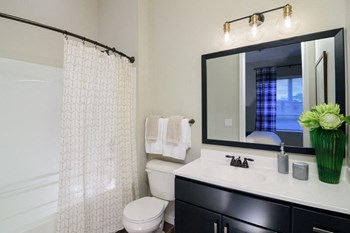 a bathroom with a toilet sink mirror and shower - Photo Gallery 14