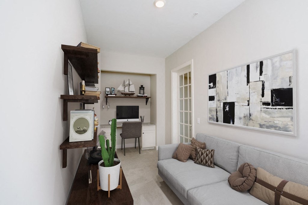 a living room with white walls and a gray couch at Fairfax, Grandview, OH, 43212