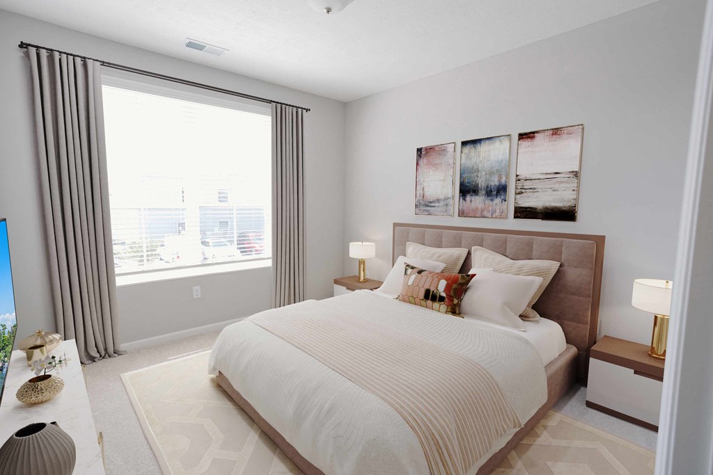 a bedroom with a bed and a large window at Kendall Park Too, Columbus, OH 43220