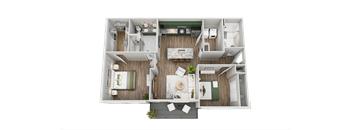 A top-down view of a house layout with a living room, kitchen, dining area, and bedrooms.