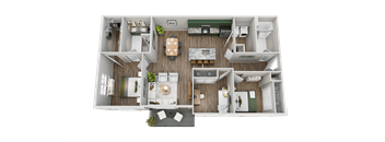 A 3D floor plan of a house with a kitchen, living room, dining room, and bedrooms.