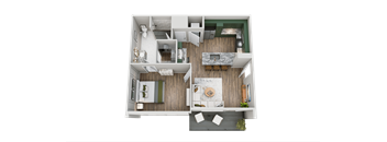 A top-down view of a modern apartment layout with a kitchen, living room, and bedrooms.