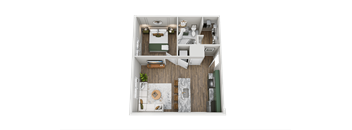A top-down view of a small, neatly organized kitchen and dining area.