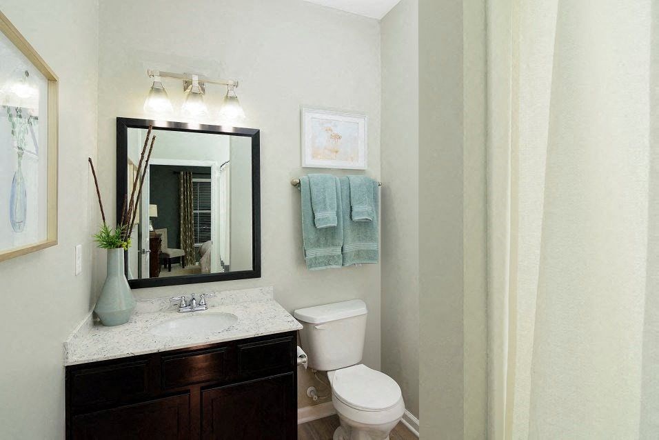 A bathroom with a toilet, sink, mirror, and a vase on the counter.