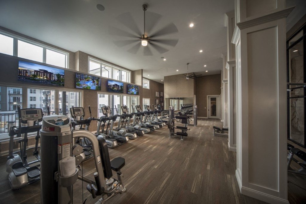 a gym with cardio machines and a row of windowsat Madison Park Apartments, Columbus, 43214