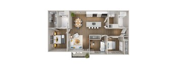 A floor plan of a house with a kitchen, living room, and two bedrooms.