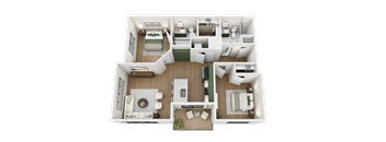 A top-down view of a two-bedroom apartment with a living room, kitchen, and bathroom.