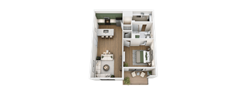A top-down view of a house layout with a living room, kitchen, dining area, and bedrooms.