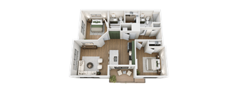 A top-down view of a modern apartment layout with a living room, kitchen, dining area, and bedrooms.