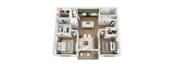 A top-down view of a modern apartment layout with a central living area and bedrooms.