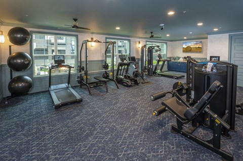 A spacious home gym with a variety of exercise equipment.