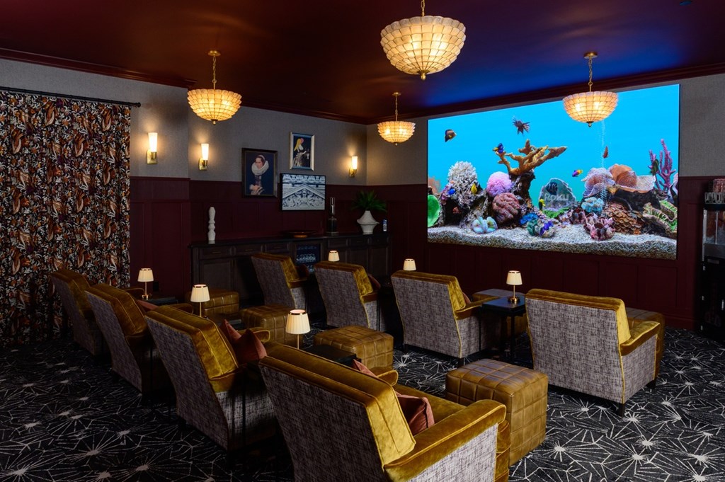 A room with a row of chairs facing a screen with an aquarium on it.
