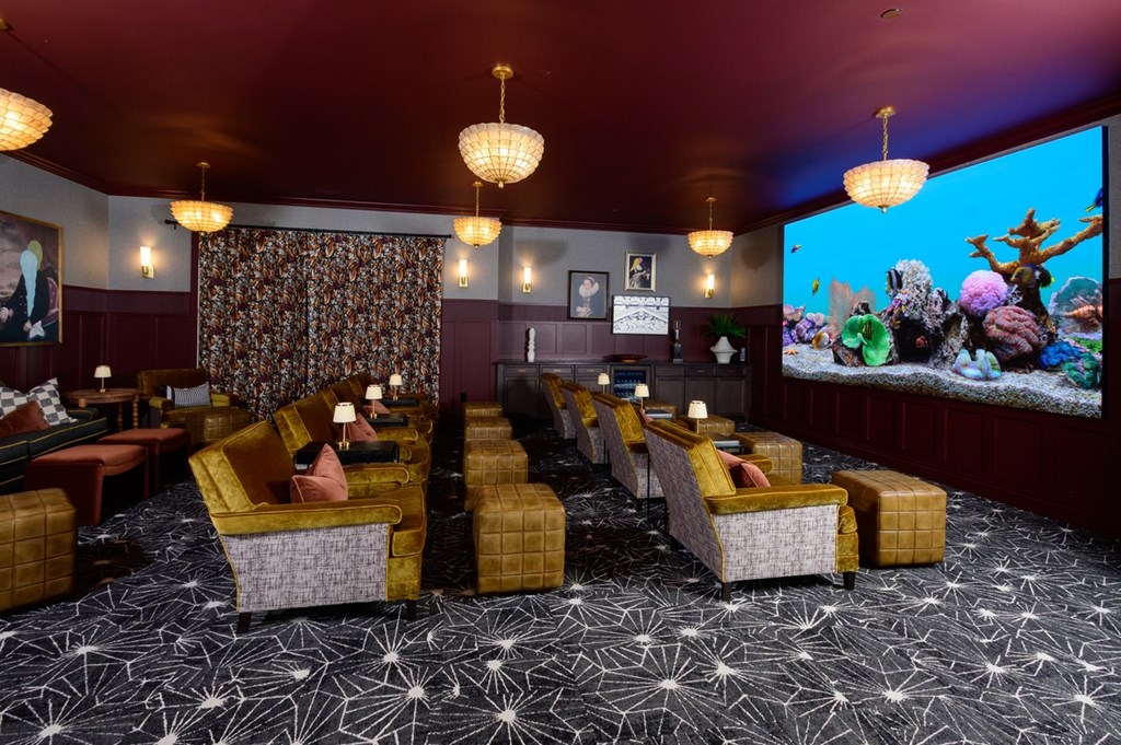 A room with a spider web patterned carpet and a large screen on the wall.