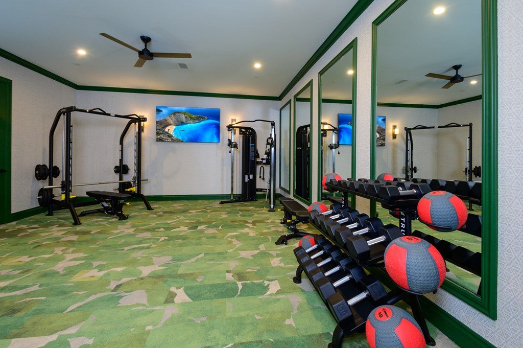 A gym with a green floor and a wall with mirrors.