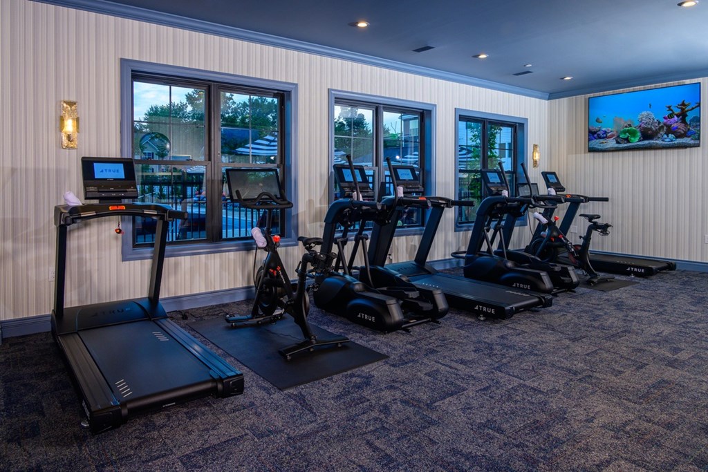 A gym with treadmills and exercise bikes.