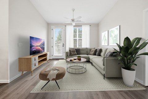 A living room with a grey sofa, a wooden entertainment unit, a coffee table, and a potted plant.