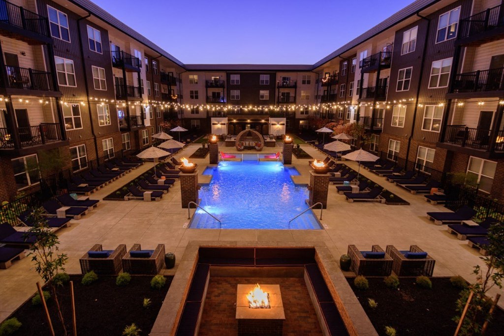 an aerial view of a swimming pool in the middle of an apartment buildingat Taylor House Apartments, Columbus, OH, 43214