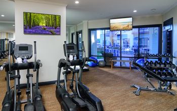a gym with exercise equipment and a large window with a view of a garden