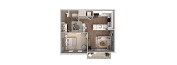 3D floor plan with one bedroom layout at Fairmont Apartments, Westerville