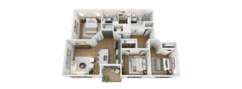 A top-down view of a house layout with multiple rooms and furniture.