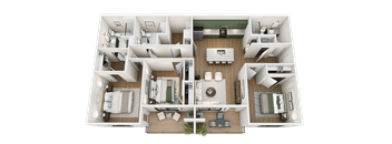 A top-down view of a modern house layout with a central open-plan living area.