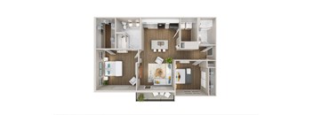 A floor plan of a house with a kitchen, living room, and bathroom.