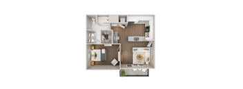 A floor plan of a house with a kitchen, living room, and two bedrooms.