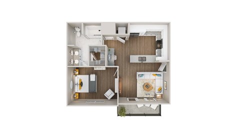 A floor plan of a house with a kitchen, living room, and two bedrooms.