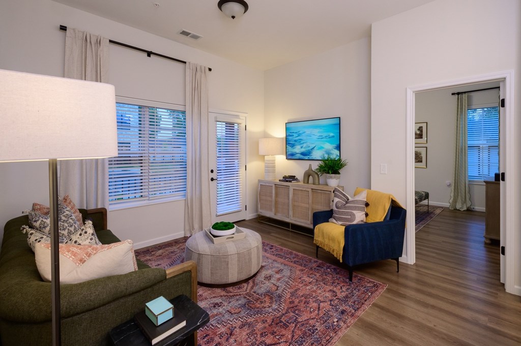 A living room with a green couch, a white lamp, a TV on the wall, and a rug on the floor.