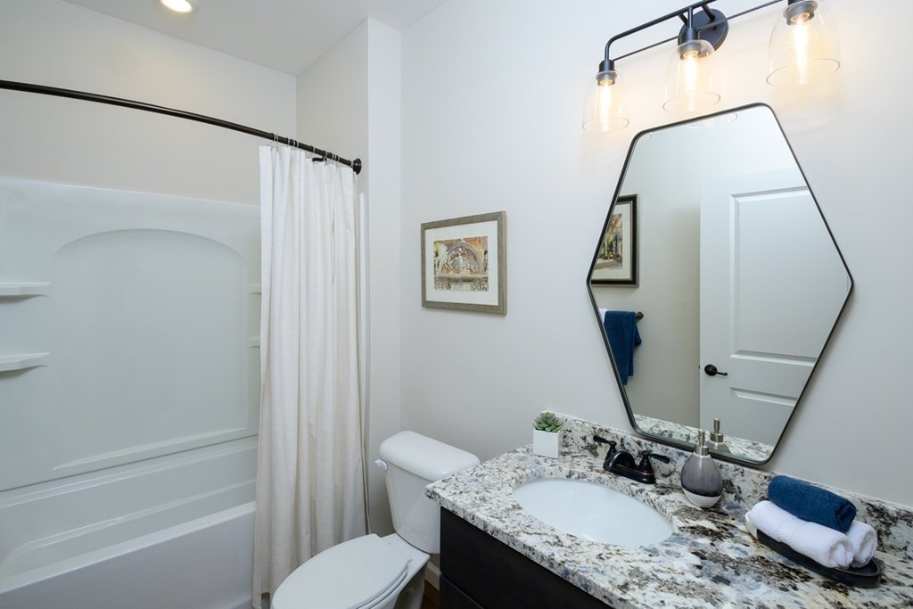 A bathroom with a white toilet, a sink, a mirror, and a shower.