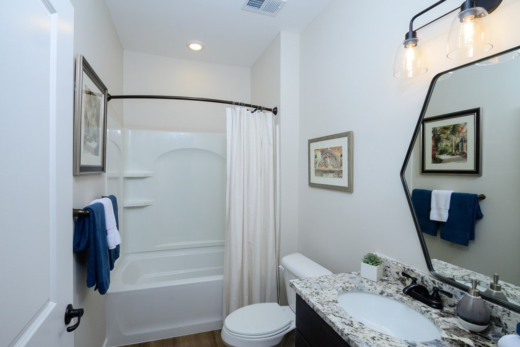 A bathroom with a white toilet, a sink, a bathtub, and a mirror.