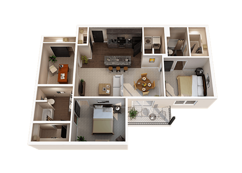 a 3d rendered floor plan of a one bedroom apartment at Taylor House, Columbus, OH