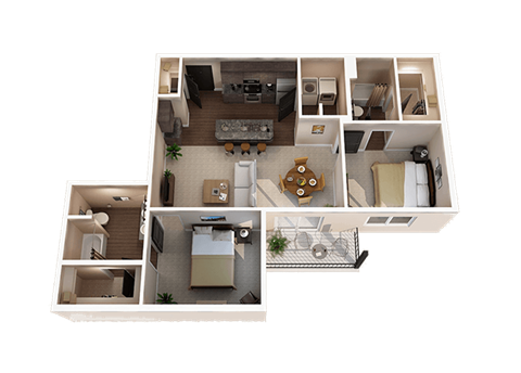 a 3d rendered floor plan of a one bedroom apartmentat Taylor House Apartments, Columbus, Ohio