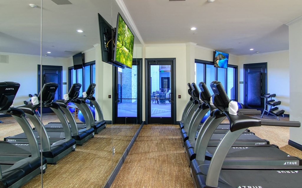 a room filled with cardio equipment and flat screen televisions a room filled with cardio equipment and flat screen televisions at Essex, Columbus, Ohio