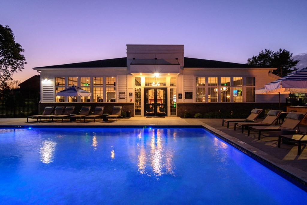 the pool and the back of the house at night at Elan Park, Columbus