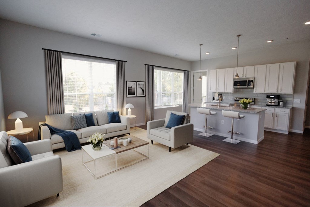 a rendering of a living room and kitchen in an apartmentat Kendall Park Too, Columbus