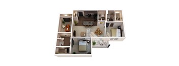 A top-down view of a small apartment layout with a kitchen, living room, and bedroom.