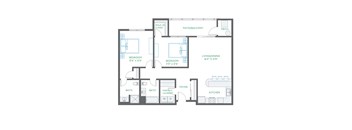 A floor plan of a house with two bedrooms, a living area, a kitchen, a bathroom, a foyer, a patio, a balcony, a walk-in closet, and a mech.