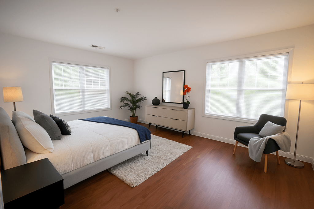A bedroom with a bed, chair, and a dresser.