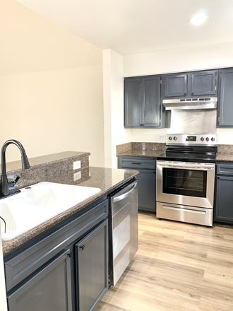 a kitchen with gray cabinets and stainless steel appliances
