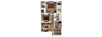 A top-down view of a living room with a couch, coffee table, and kitchen area.