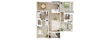 A top-down view of a well-organized apartment with a kitchen, living room, and bathroom.