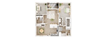 A top-down view of a small apartment with a kitchen, living room, and bathroom.