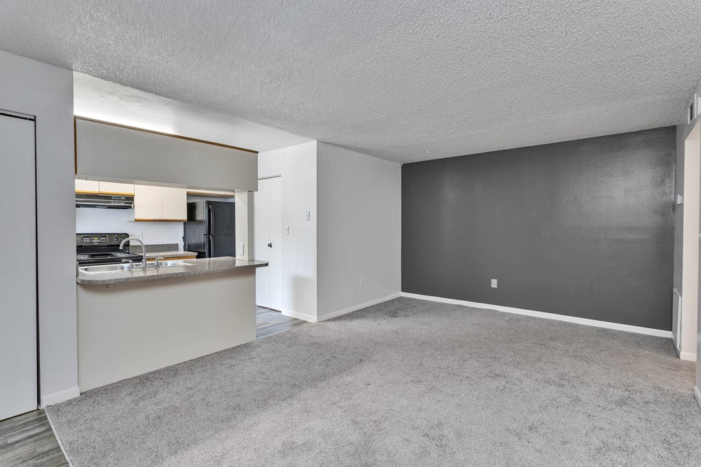 the living room and kitchen of an apartment with a gray carpet and white walls