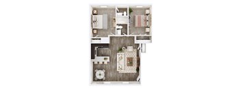 A top-down view of a modern apartment layout with a kitchen, living room, and bathroom.