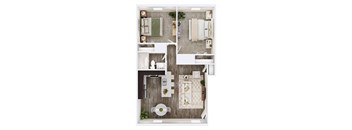 A top-down view of a small apartment with a kitchen, living room, and bathroom.