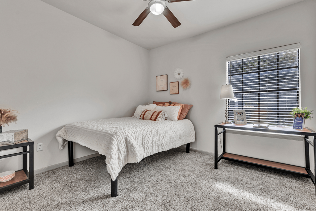a bedroom with a bed and a ceiling fan