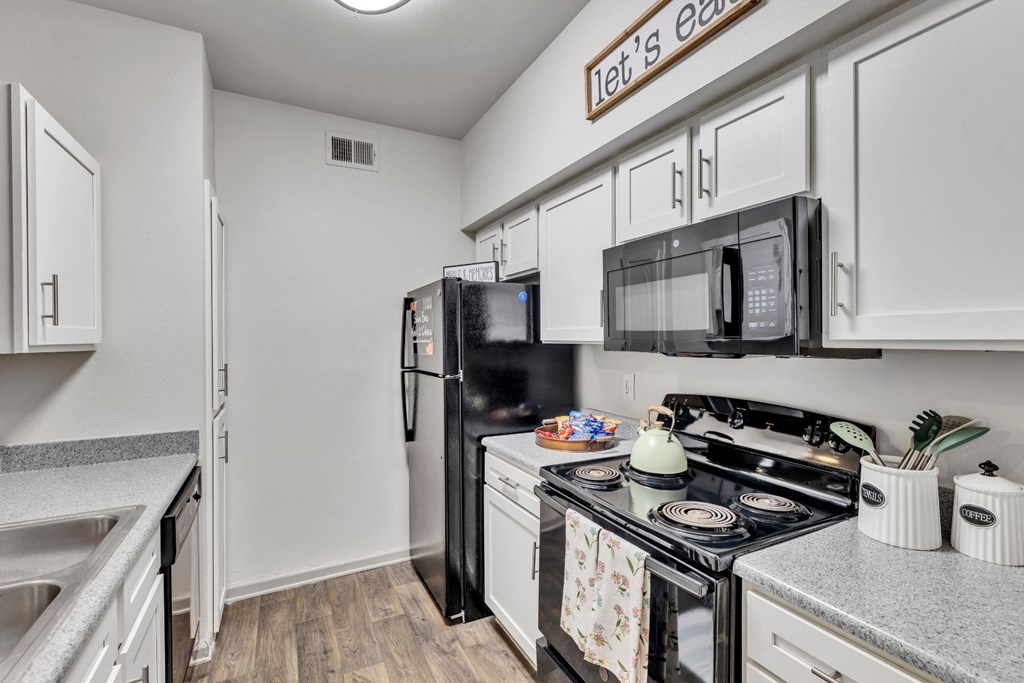 a kitchen with a stove refrigerator and microwave and a sink